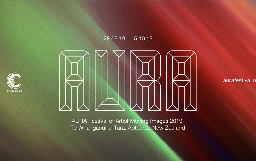 White text on a gradient background reads "AURA Festival of Artist Moving Images 2019, Te Whanganui-a-Tara, Aotearoa New Zealand"